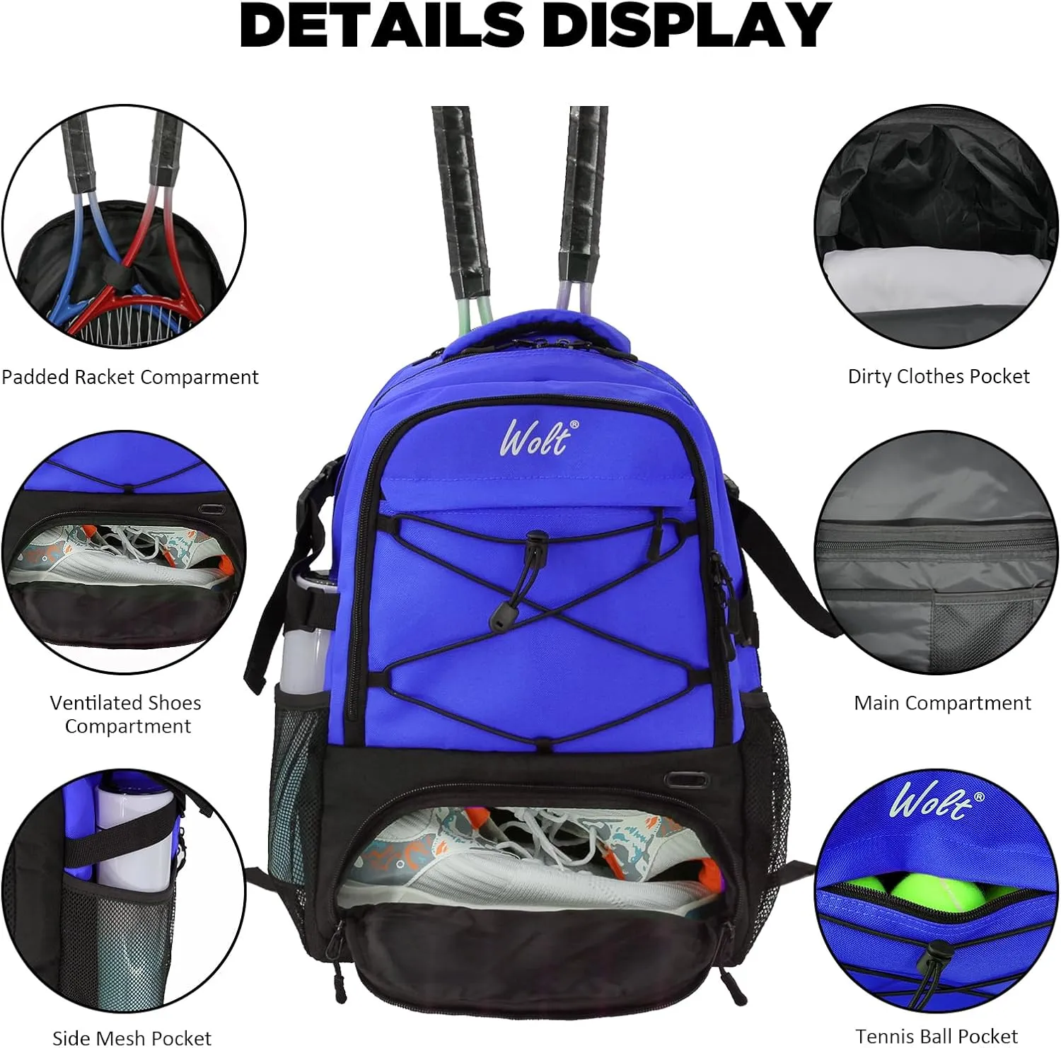 WOLT Tennis Bag - Large Tennis Racket Backpack for Men & Women - Ventilated Shoe Compartment - Holds 2 Rackets