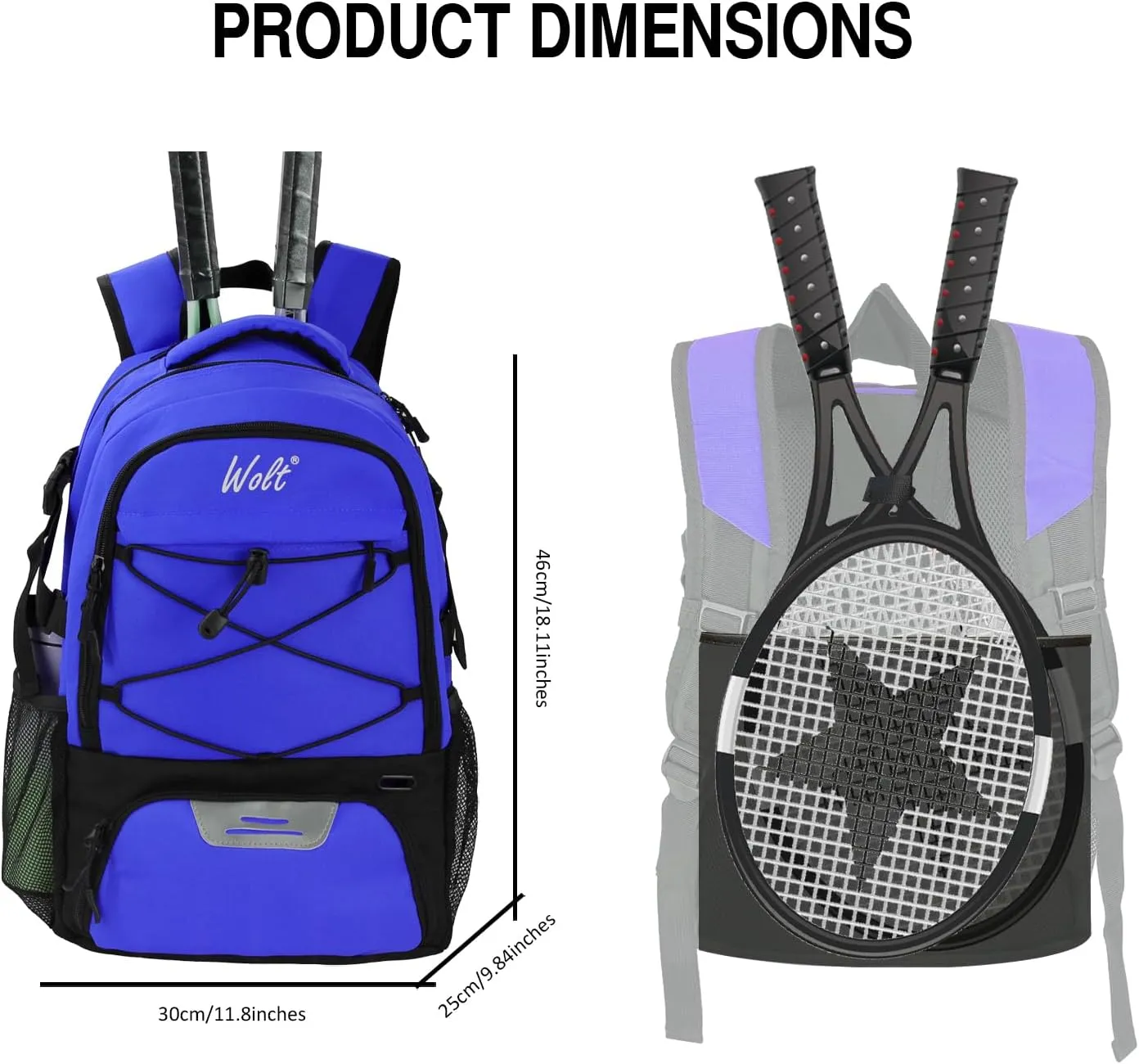 WOLT Tennis Bag - Large Tennis Racket Backpack for Men & Women - Ventilated Shoe Compartment - Holds 2 Rackets