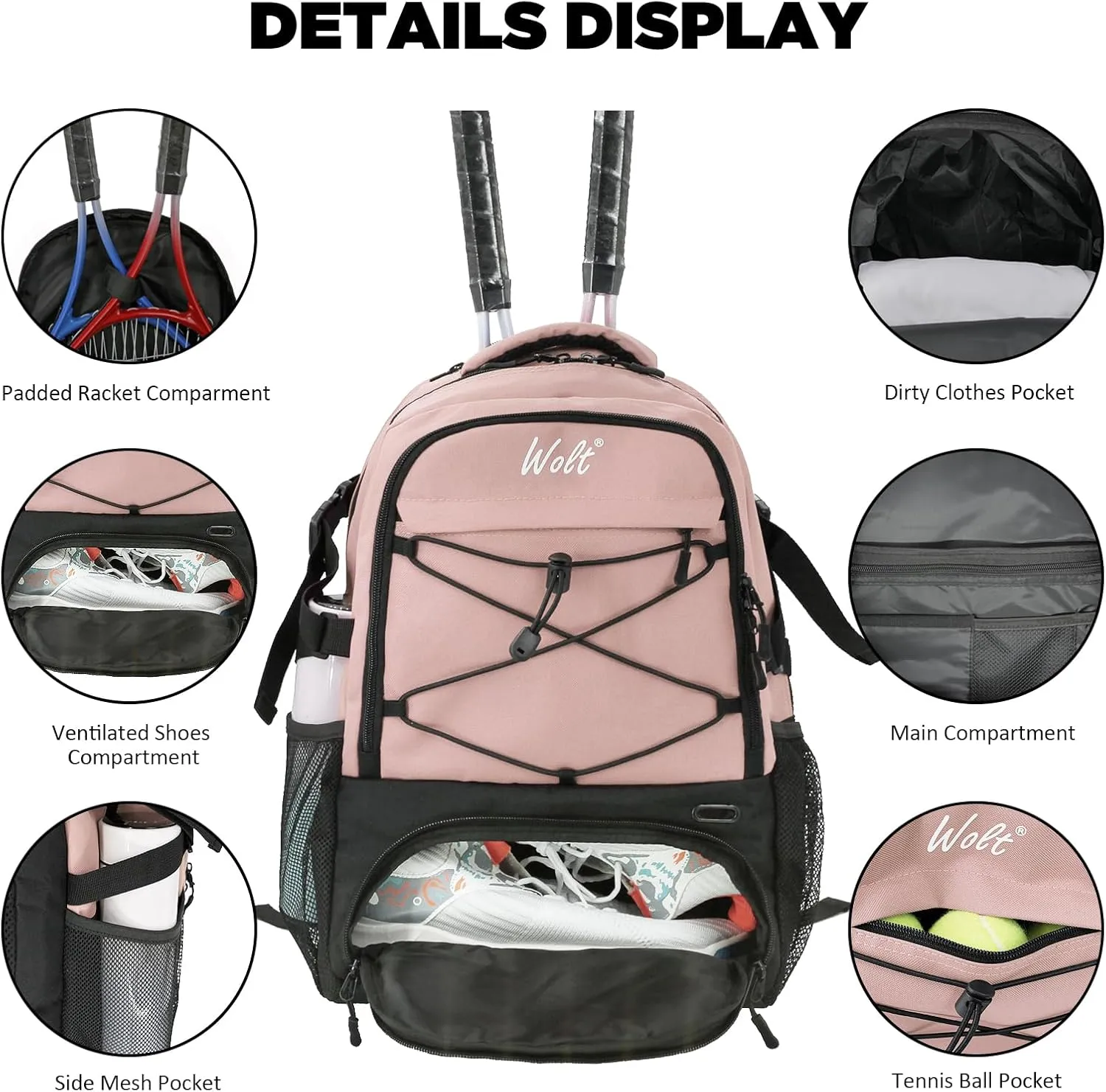 WOLT Tennis Bag - Large Tennis Racket Backpack for Men & Women - Ventilated Shoe Compartment - Holds 2 Rackets