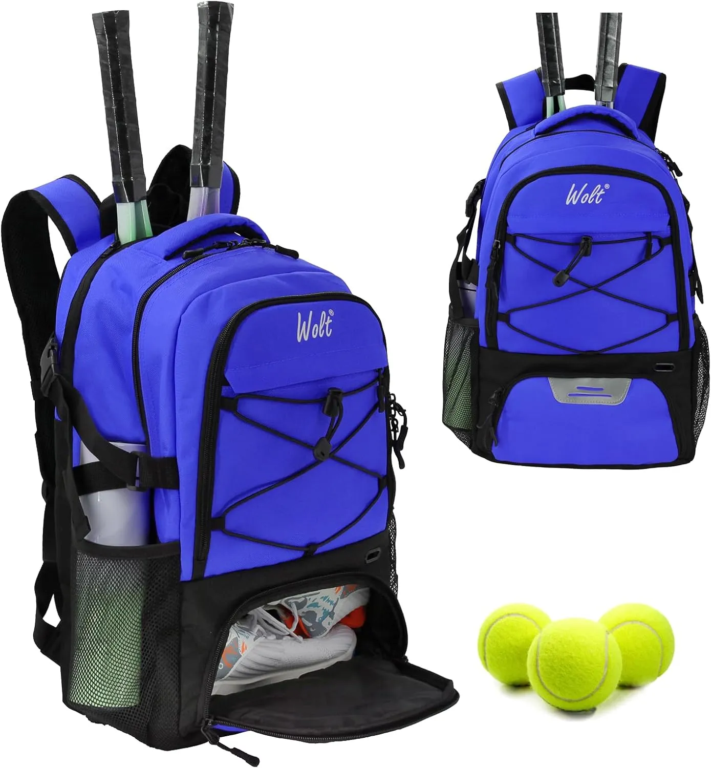 WOLT Tennis Bag - Large Tennis Racket Backpack for Men & Women - Ventilated Shoe Compartment - Holds 2 Rackets