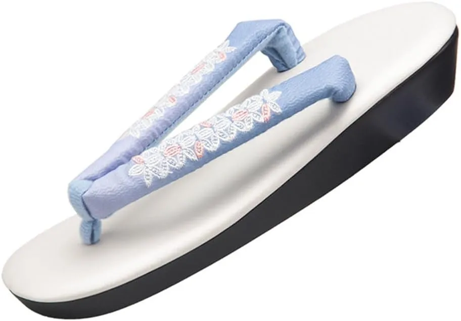Woman’s Flip-Flop Embroidered Japanese Clogs Slippers,Japanese Traditional Clogs Geta Sandals,Printed Women's Kimono Soft Soled Grass Clogs Soles (Size:24.5cn/9.7in,Color:Blue)