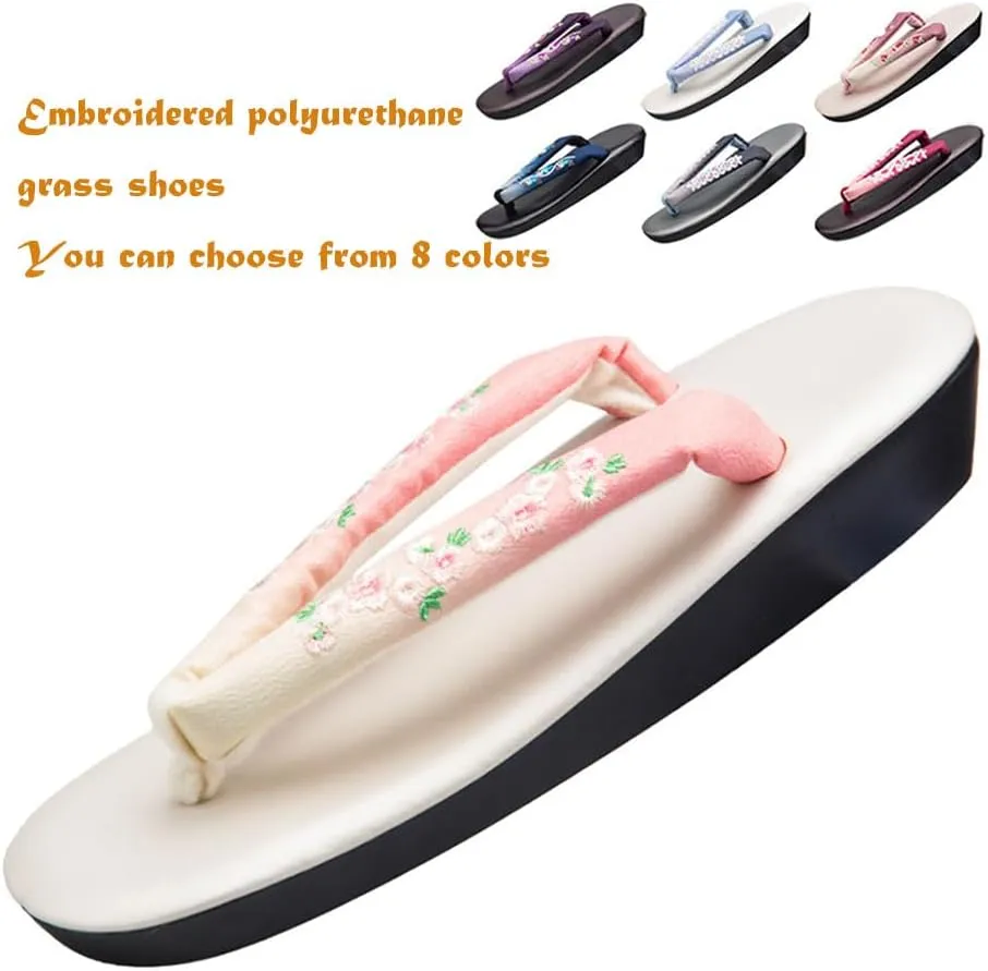 Woman’s Flip-Flop Embroidered Japanese Clogs Slippers,Japanese Traditional Clogs Geta Sandals,Printed Women's Kimono Soft Soled Grass Clogs Soles (Size:24.5cn/9.7in,Color:Blue)