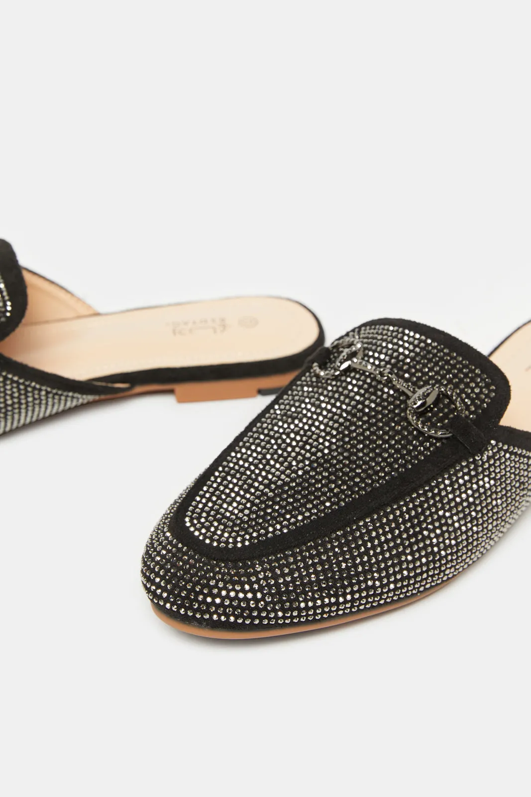 Women Black Stone Trim Loafer Mule