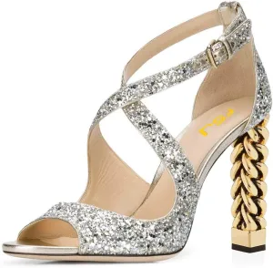 Women Chic Gold Metal Chain Block High Heels Pumps Cross Strap Closed Open Toe Shoes Size 4-15 US