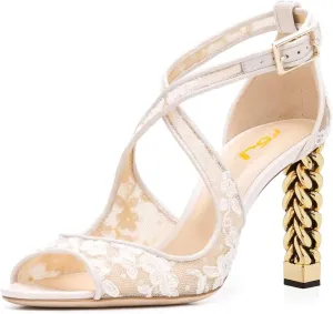Women Chic Gold Metal Chain Block High Heels Pumps Cross Strap Closed Open Toe Shoes Size 4-15 US