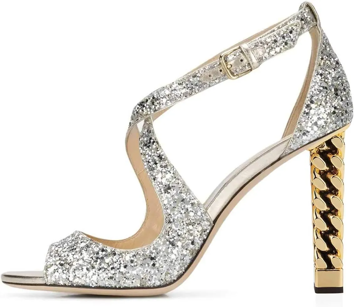 Women Chic Gold Metal Chain Block High Heels Pumps Cross Strap Closed Open Toe Shoes Size 4-15 US