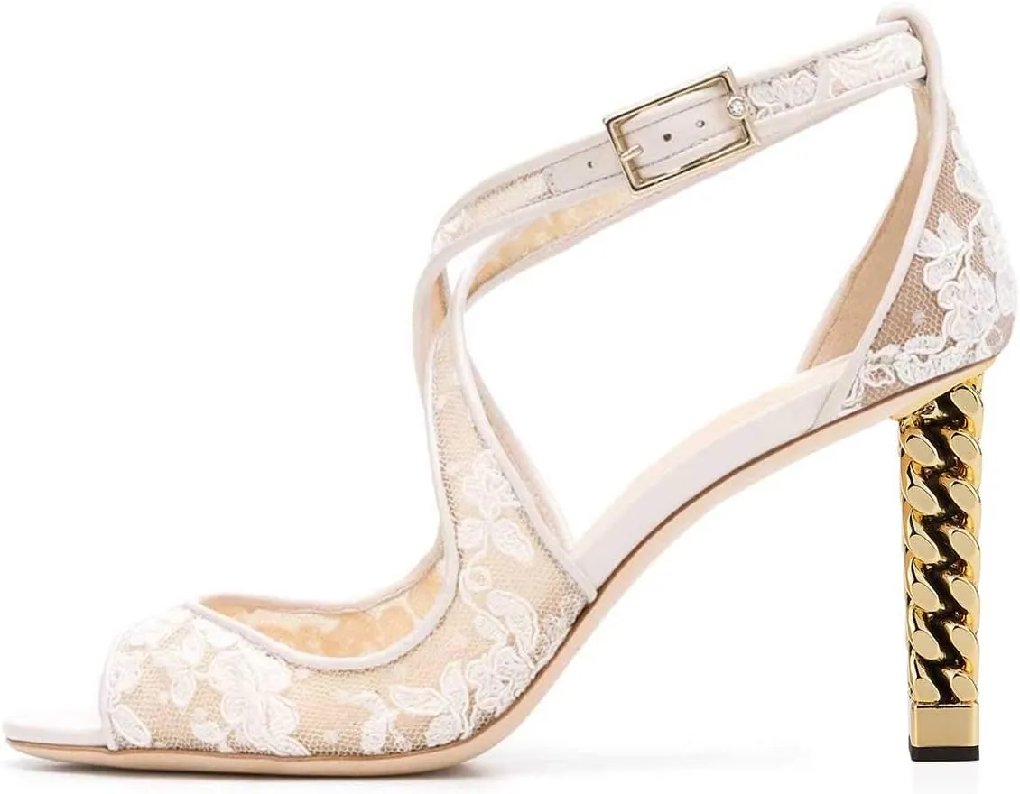 Women Chic Gold Metal Chain Block High Heels Pumps Cross Strap Closed Open Toe Shoes Size 4-15 US