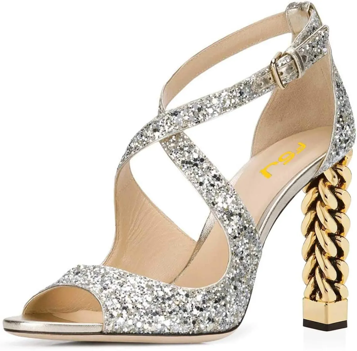 Women Chic Gold Metal Chain Block High Heels Pumps Cross Strap Closed Open Toe Shoes Size 4-15 US