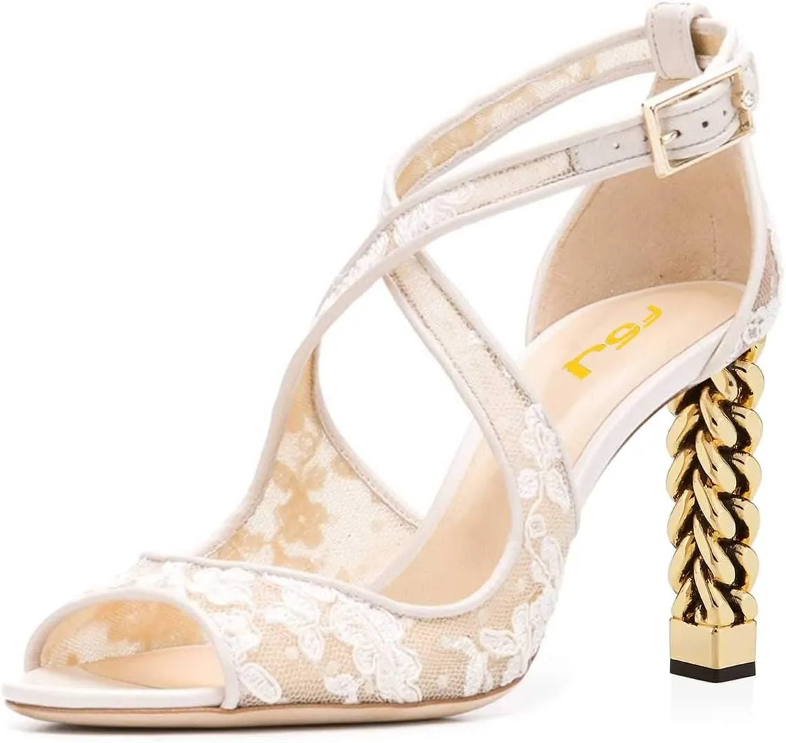 Women Chic Gold Metal Chain Block High Heels Pumps Cross Strap Closed Open Toe Shoes Size 4-15 US
