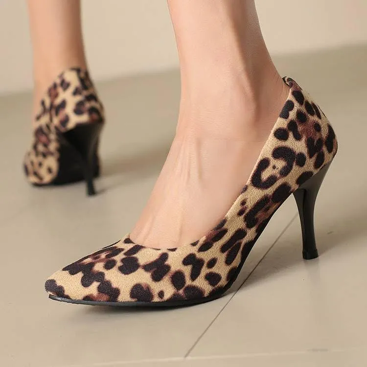 Women Chic Pumps Pointed Toe Stiletto High Heels with Leopard Pattern