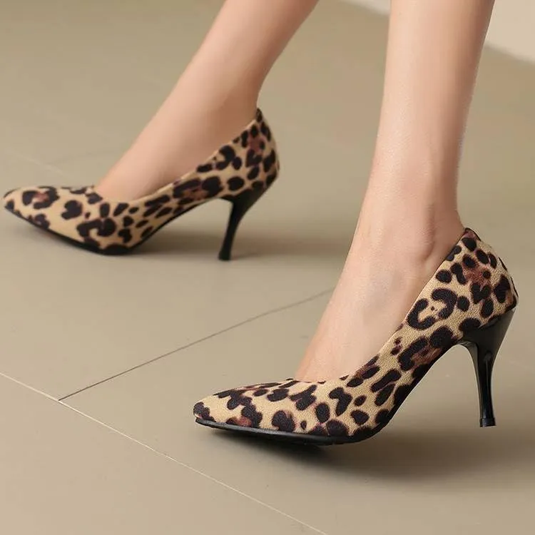 Women Chic Pumps Pointed Toe Stiletto High Heels with Leopard Pattern