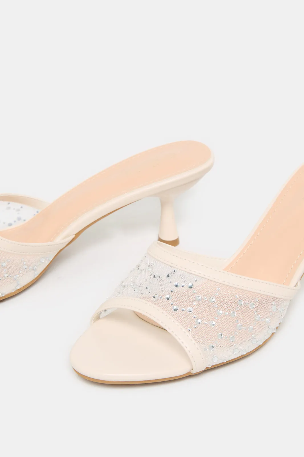 Women Cream Embellished Mesh Mule