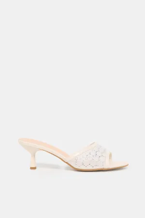 Women Cream Embellished Mesh Mule