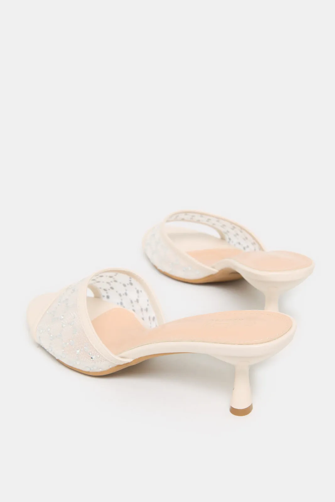 Women Cream Embellished Mesh Mule