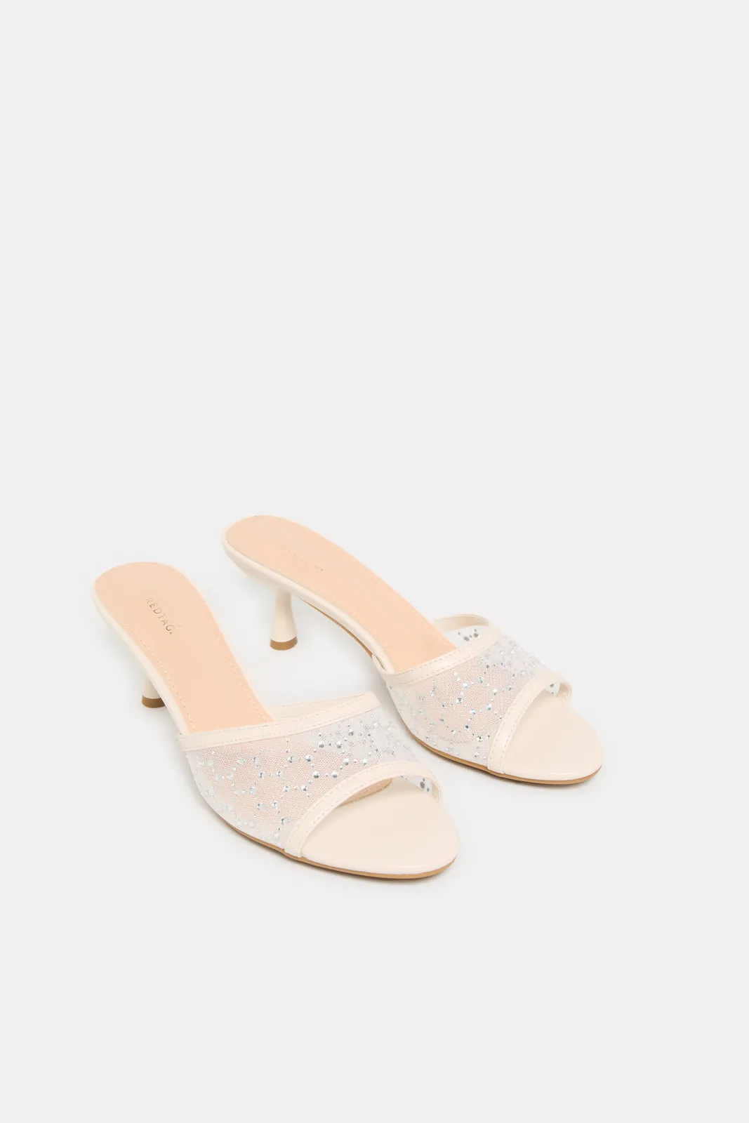Women Cream Embellished Mesh Mule