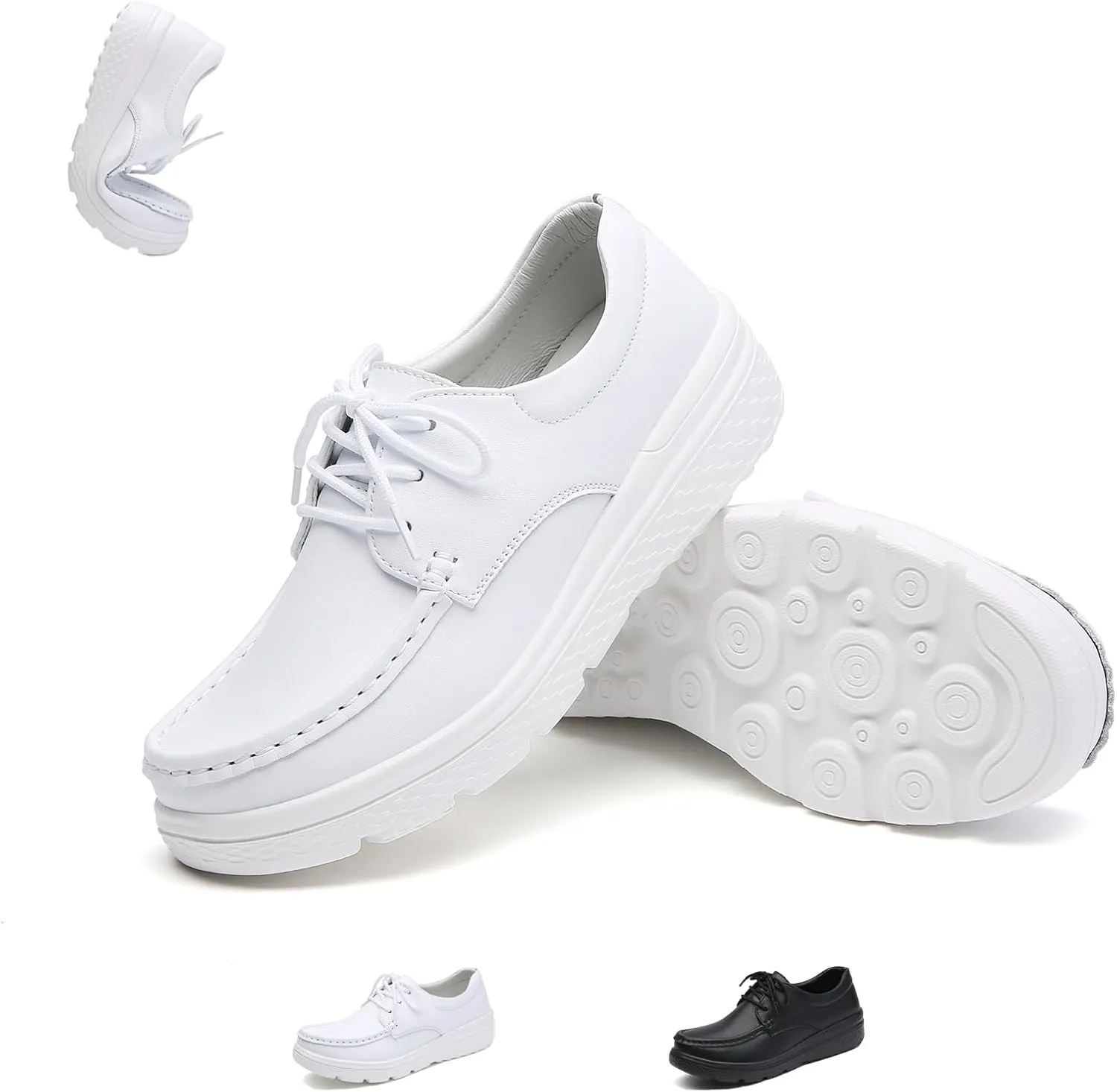 Women Genuine Leather Lace-up Soft Sole Loafers Nurse Shoes,Arch Support Lightweight Platform Casual Moccasins Shoes,Comfort Non-slip Mom Walking Shoes