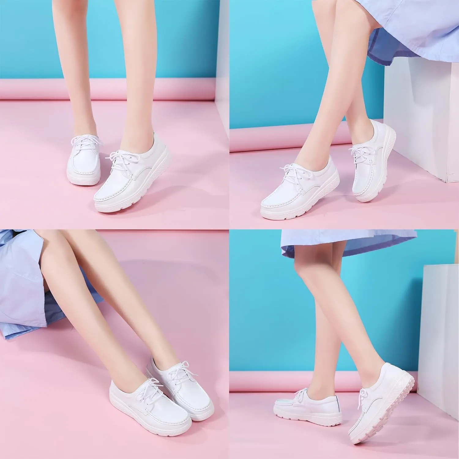 Women Genuine Leather Lace-up Soft Sole Loafers Nurse Shoes,Arch Support Lightweight Platform Casual Moccasins Shoes,Comfort Non-slip Mom Walking Shoes