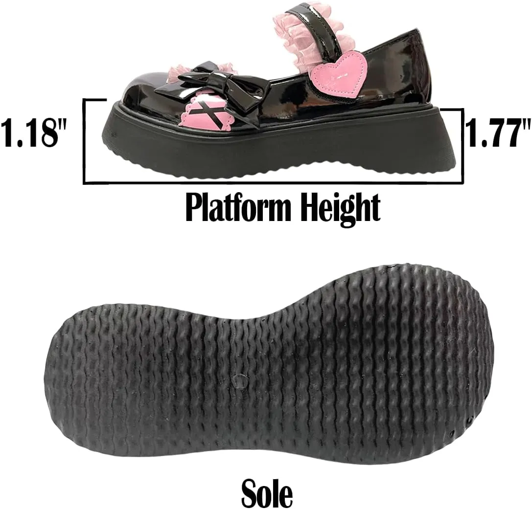 Women Harajuku Y2K Kawaii Goth Lolita Round Toe Chunky Heels Pink Lace Bow-Knot Decor Platform Mary Jane Shoes