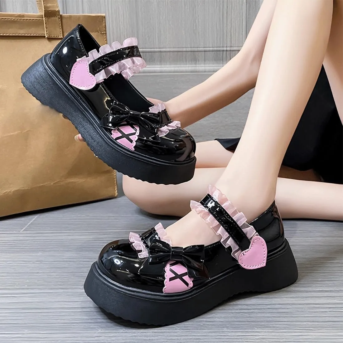 Women Harajuku Y2K Kawaii Goth Lolita Round Toe Chunky Heels Pink Lace Bow-Knot Decor Platform Mary Jane Shoes