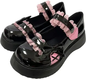 Women Harajuku Y2K Kawaii Goth Lolita Round Toe Chunky Heels Pink Lace Bow-Knot Decor Platform Mary Jane Shoes