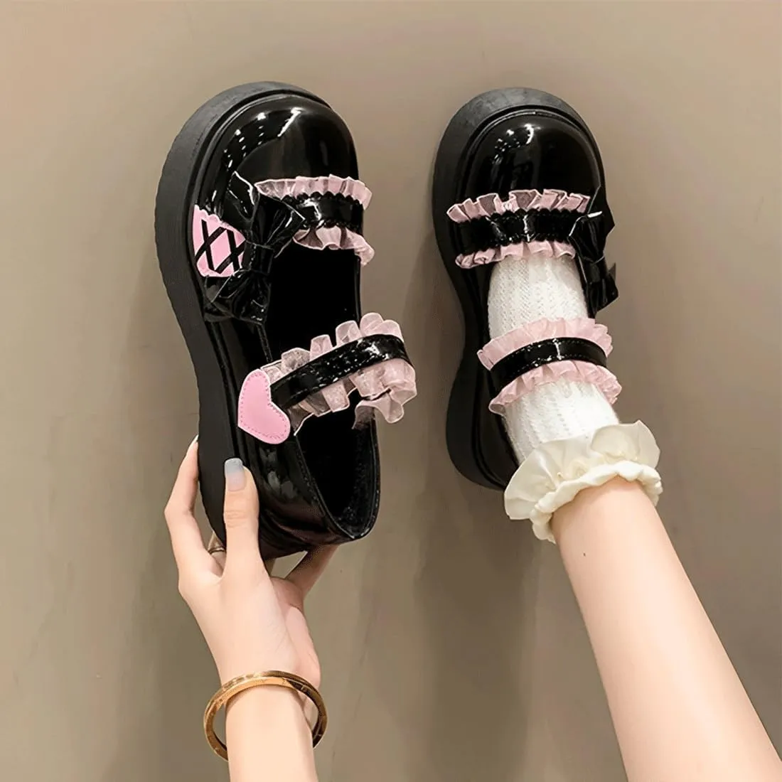 Women Harajuku Y2K Kawaii Goth Lolita Round Toe Chunky Heels Pink Lace Bow-Knot Decor Platform Mary Jane Shoes