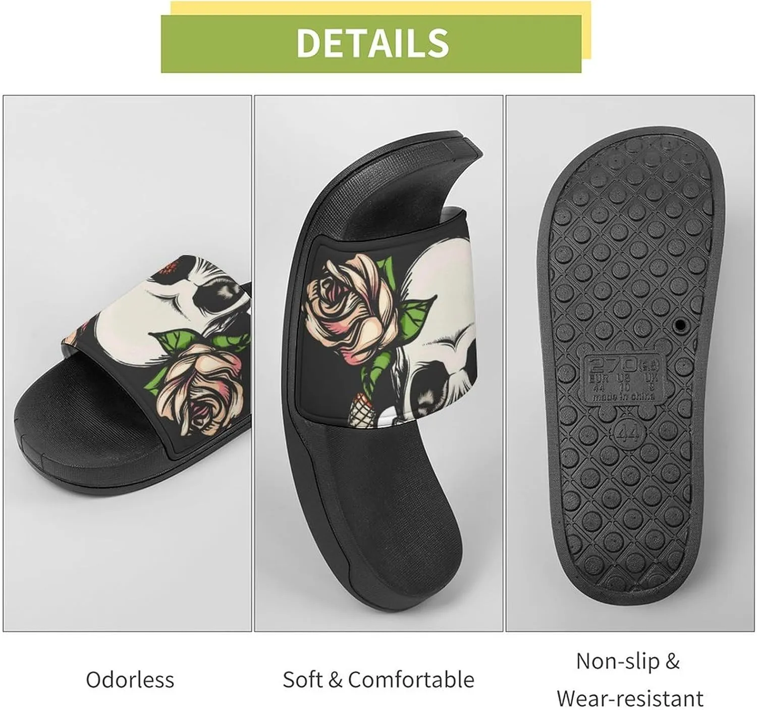Women Men Slide Slippers Sandals Shower Home Beach House Shoes Gifts, Skull with Snake And Roses