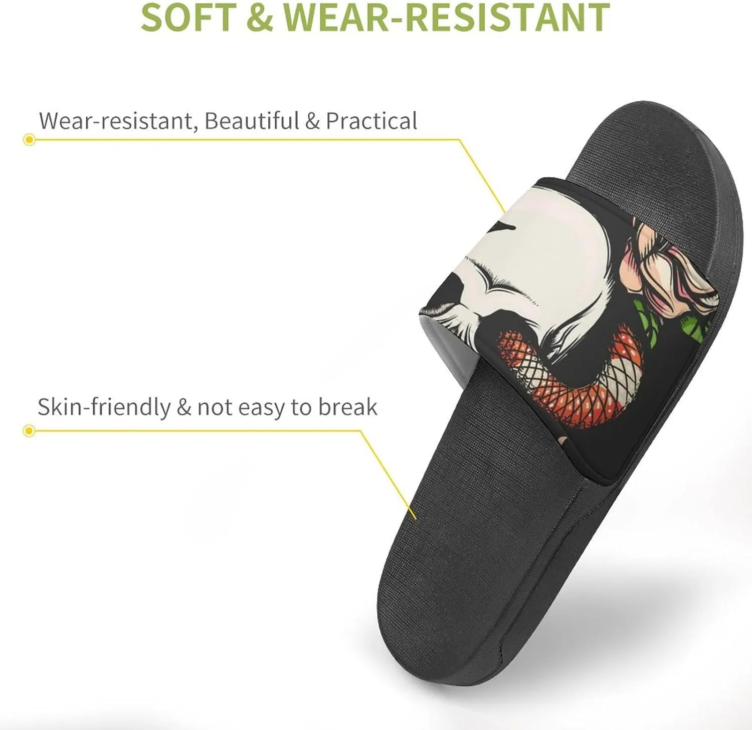 Women Men Slide Slippers Sandals Shower Home Beach House Shoes Gifts, Skull with Snake And Roses