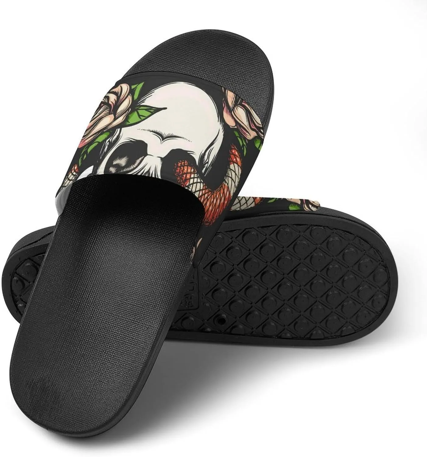 Women Men Slide Slippers Sandals Shower Home Beach House Shoes Gifts, Skull with Snake And Roses