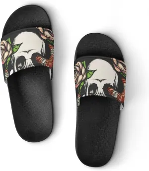 Women Men Slide Slippers Sandals Shower Home Beach House Shoes Gifts, Skull with Snake And Roses