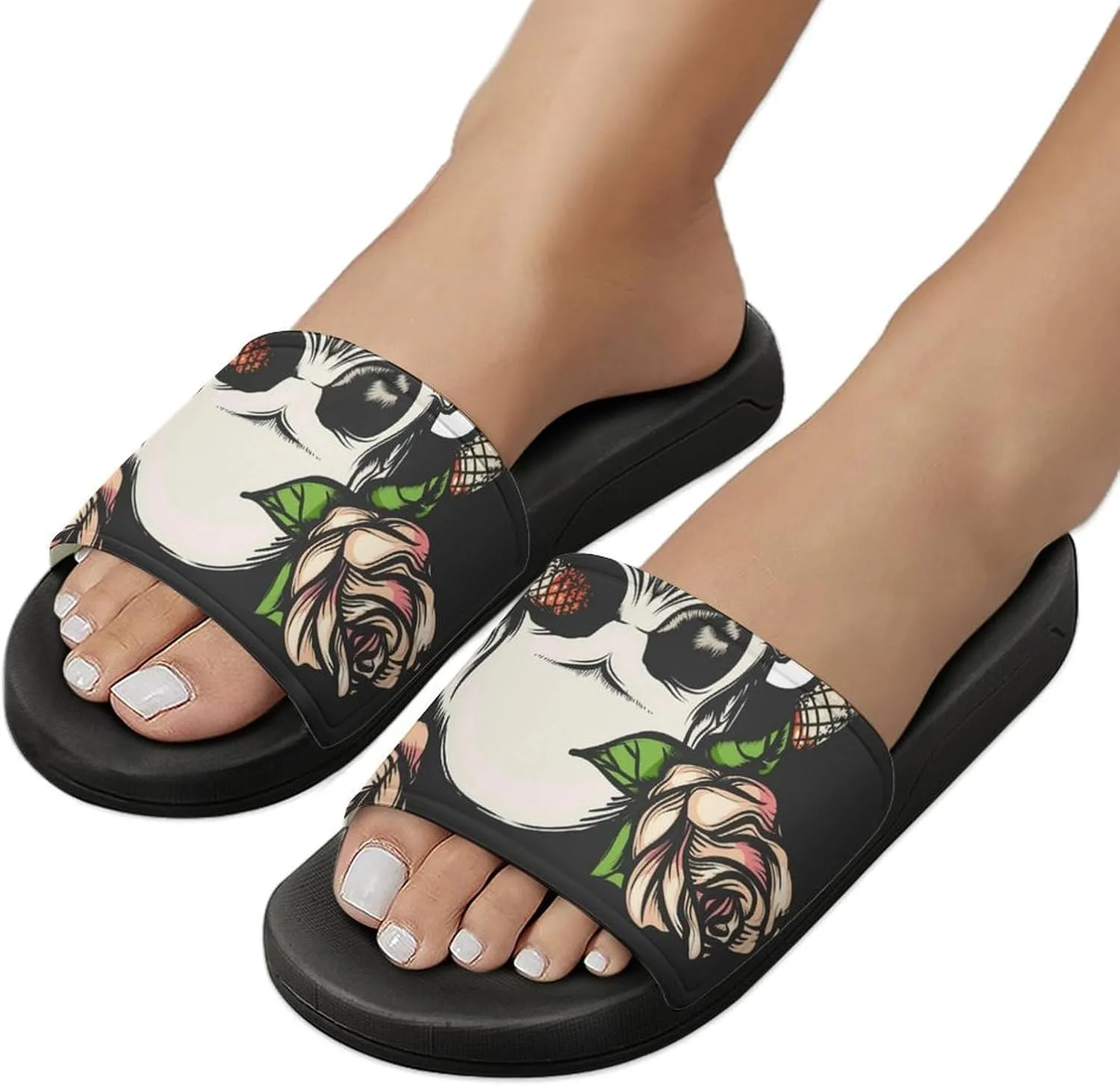 Women Men Slide Slippers Sandals Shower Home Beach House Shoes Gifts, Skull with Snake And Roses