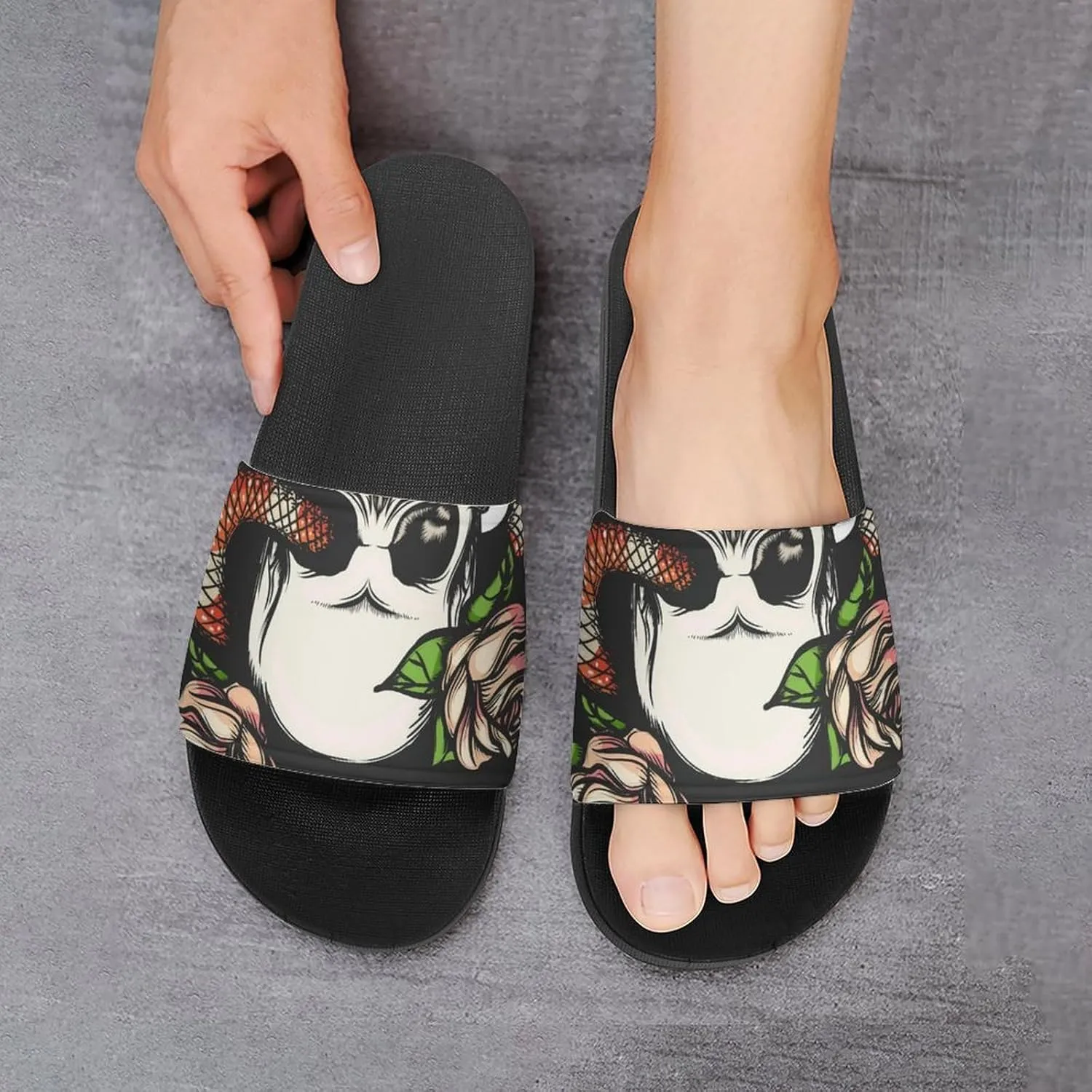 Women Men Slide Slippers Sandals Shower Home Beach House Shoes Gifts, Skull with Snake And Roses