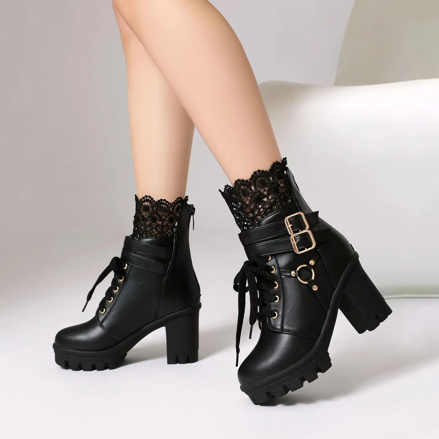 Women Platform Boots Cute Kawaii Lolita Boots Lace Bow Chunky High Heels Gothic Buckled Platform Ankle Booties Zipper Punk Cosplay Shoes