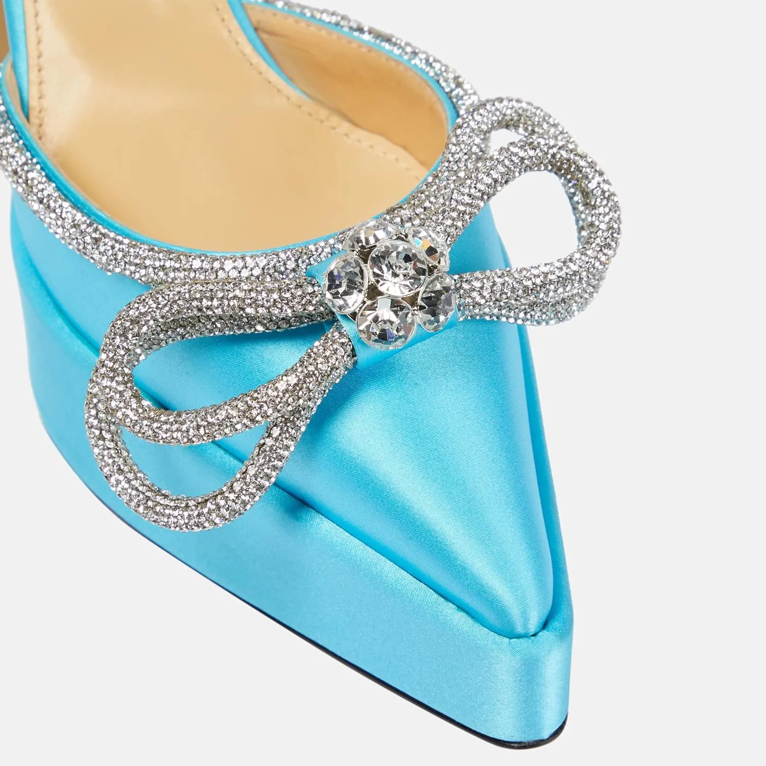 Women Platform Pumps Rhinestone Double Bow Chunky Heeled Sandals Crystal Embellished Ankle Strap Buckle Shoes Satin Pointed Toe Pumps Tapered Block Heel Dress Shoes for Women