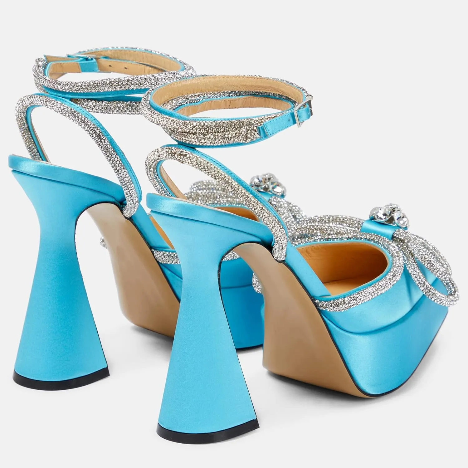 Women Platform Pumps Rhinestone Double Bow Chunky Heeled Sandals Crystal Embellished Ankle Strap Buckle Shoes Satin Pointed Toe Pumps Tapered Block Heel Dress Shoes for Women