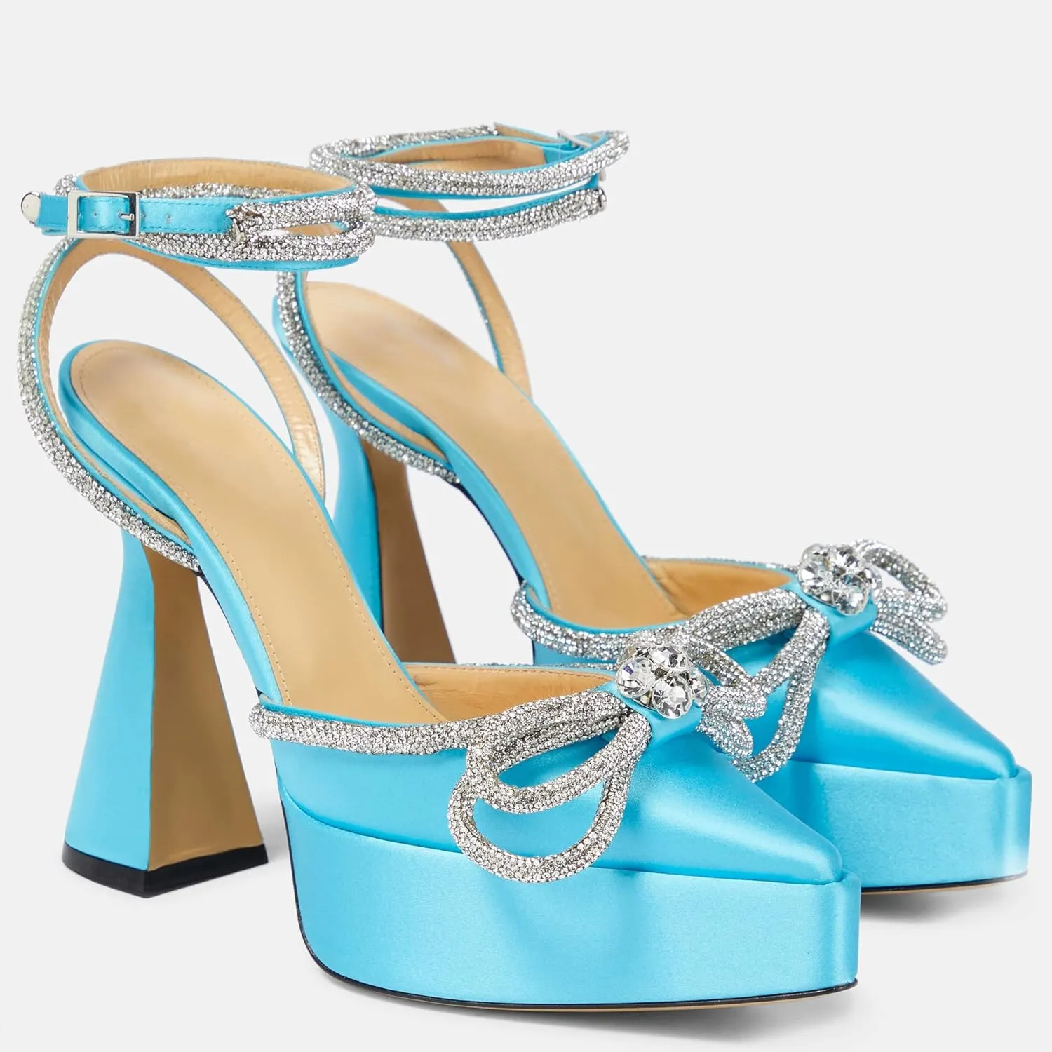 Women Platform Pumps Rhinestone Double Bow Chunky Heeled Sandals Crystal Embellished Ankle Strap Buckle Shoes Satin Pointed Toe Pumps Tapered Block Heel Dress Shoes for Women