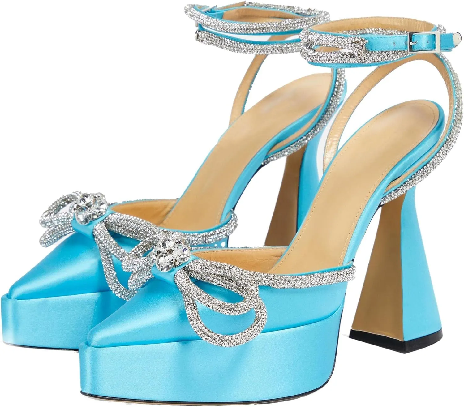 Women Platform Pumps Rhinestone Double Bow Chunky Heeled Sandals Crystal Embellished Ankle Strap Buckle Shoes Satin Pointed Toe Pumps Tapered Block Heel Dress Shoes for Women