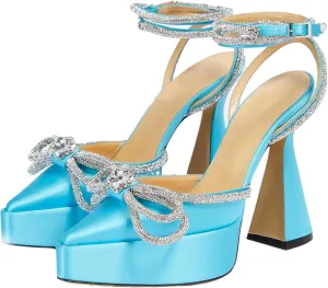 Women Platform Pumps Rhinestone Double Bow Chunky Heeled Sandals Crystal Embellished Ankle Strap Buckle Shoes Satin Pointed Toe Pumps Tapered Block Heel Dress Shoes for Women
