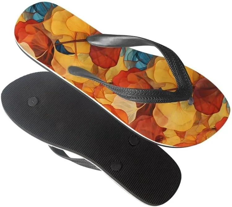 Women Retro Flip Flop Sandal Ginkgo Leaves Casual Thong Sandals Rose Feather Couple Beach Sandals Indoor or Outdoor