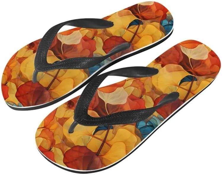 Women Retro Flip Flop Sandal Ginkgo Leaves Casual Thong Sandals Rose Feather Couple Beach Sandals Indoor or Outdoor