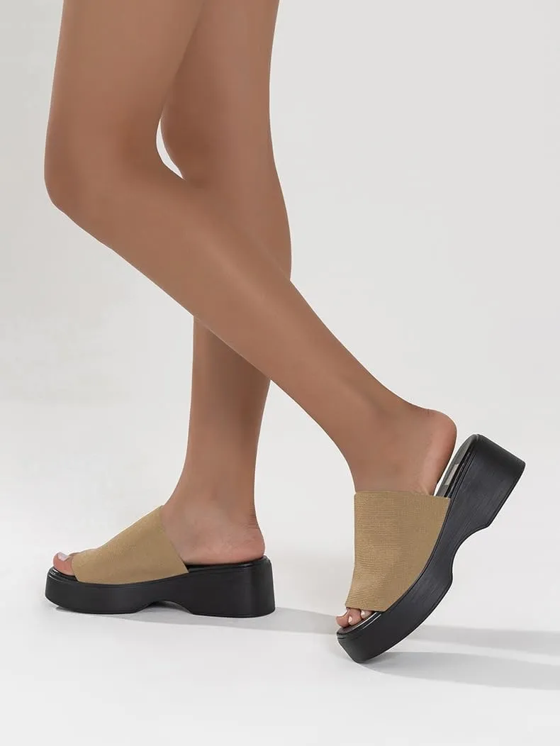 Women Stylish Platform Slide Sandals Comfort Open Toe Backless Slip-On Chunky Wedge Soft Memory Foam Padded Summer Casual Knit Mules Shoes