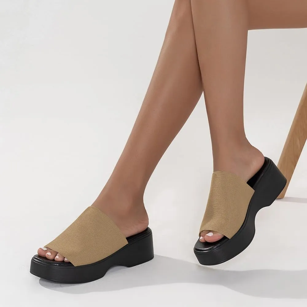 Women Stylish Platform Slide Sandals Comfort Open Toe Backless Slip-On Chunky Wedge Soft Memory Foam Padded Summer Casual Knit Mules Shoes