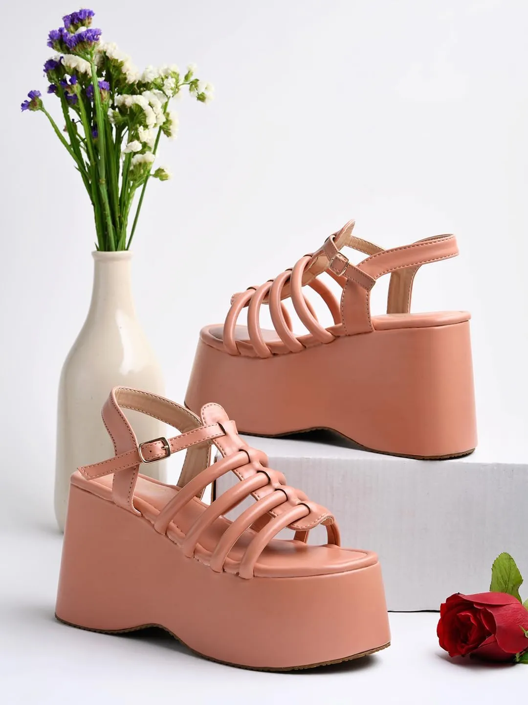 Women's & Girls' Peach Wedges Platform Shoes – Stylish and Comfortable Heels for Casual, Work, and Special Occasions