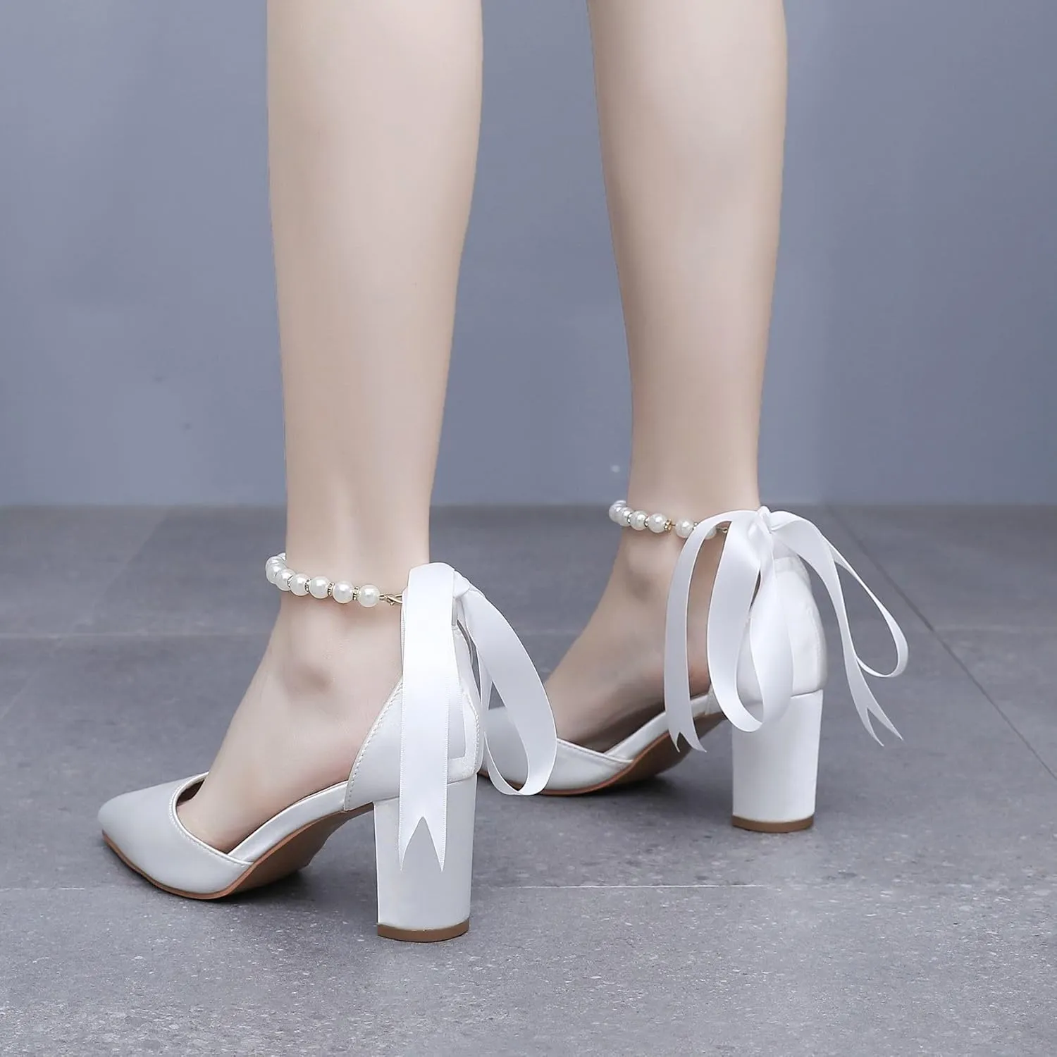 Women's Ankle Strap Pumps with Pearls, Pointed Toe, 3" Heel, White