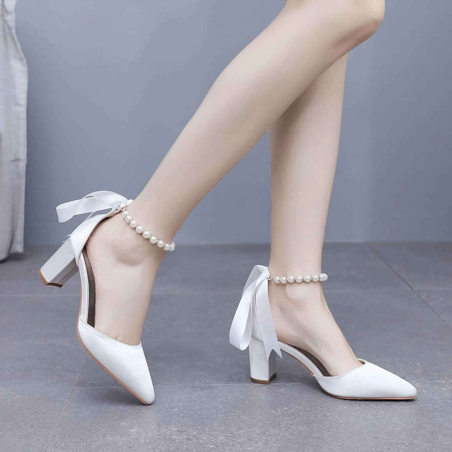 Women's Ankle Strap Pumps with Pearls, Pointed Toe, 3" Heel, White