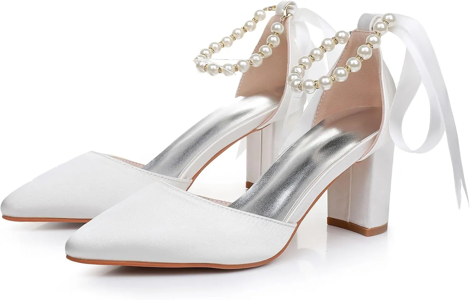 Women's Ankle Strap Pumps with Pearls, Pointed Toe, 3" Heel, White