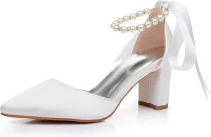 Women's Ankle Strap Pumps with Pearls, Pointed Toe, 3" Heel, White