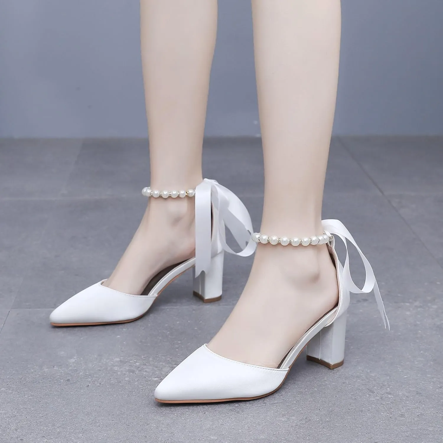 Women's Ankle Strap Pumps with Pearls, Pointed Toe, 3" Heel, White