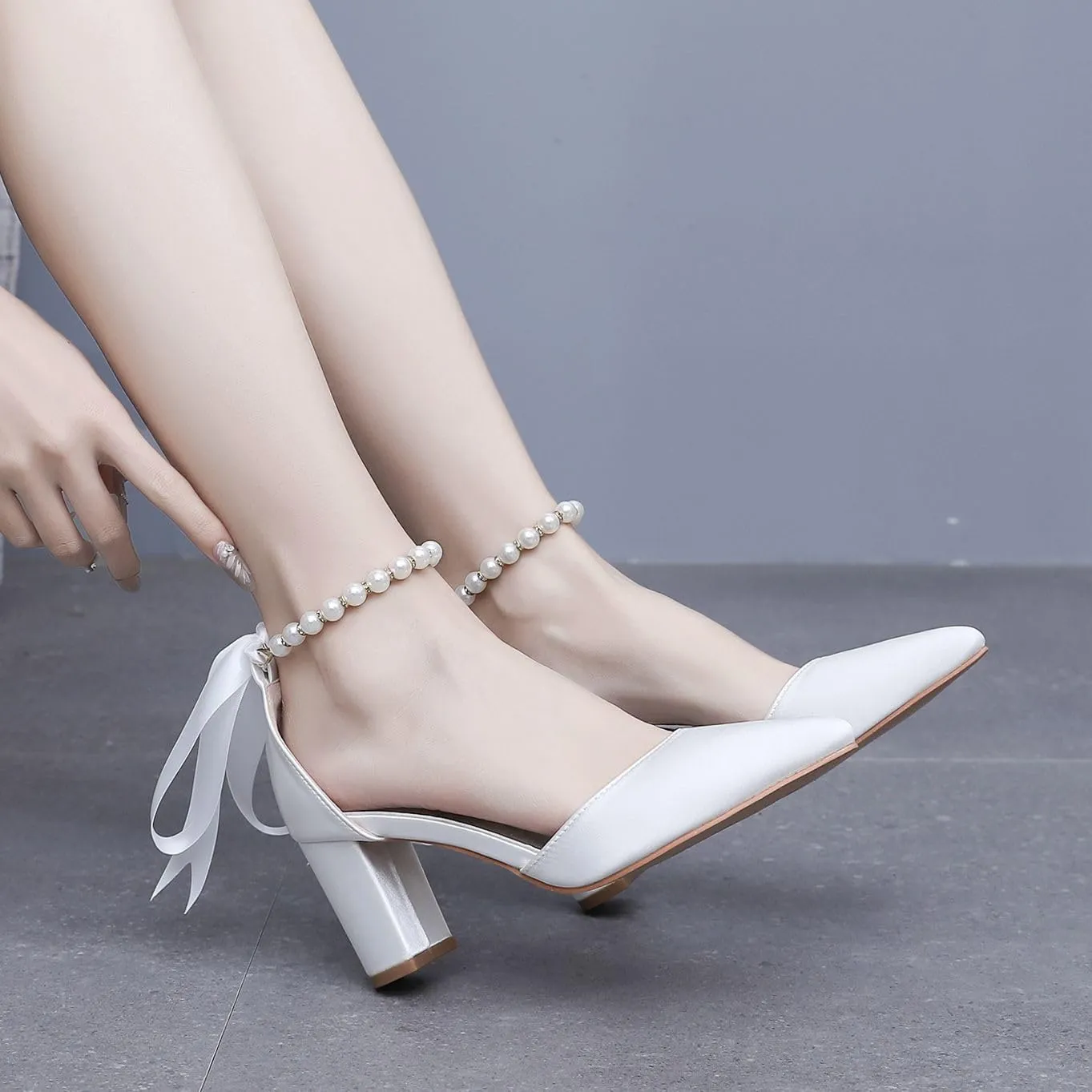 Women's Ankle Strap Pumps with Pearls, Pointed Toe, 3" Heel, White