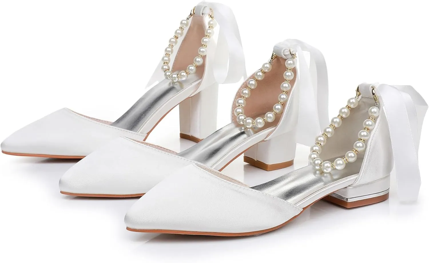 Women's Ankle Strap Pumps with Pearls, Pointed Toe, 3" Heel, White