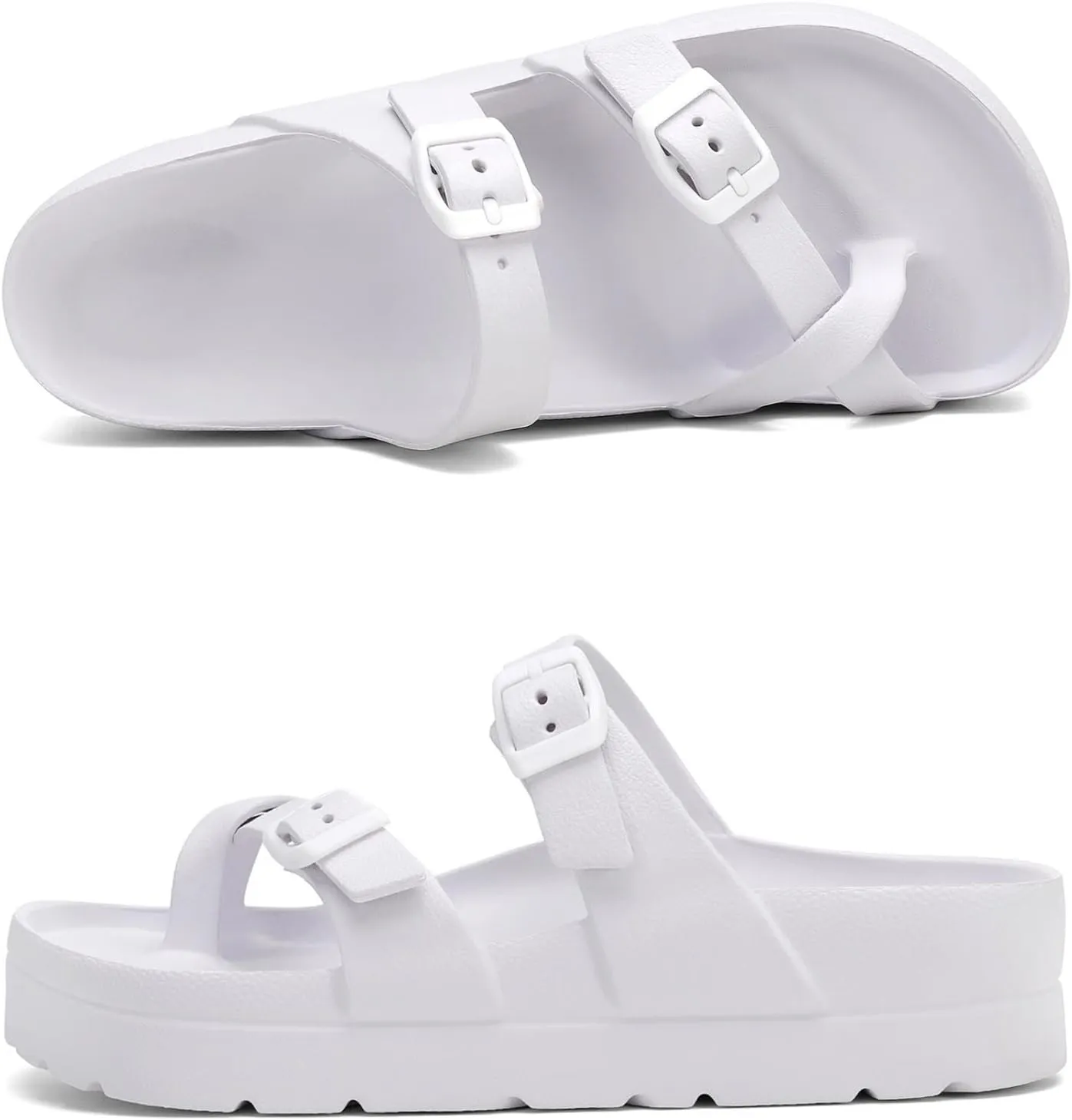 Womens Arch Support Platform Sandals Comfort Slides Thick Soles Flat Sandals With Adjustable Buckle & Ultra Cushion